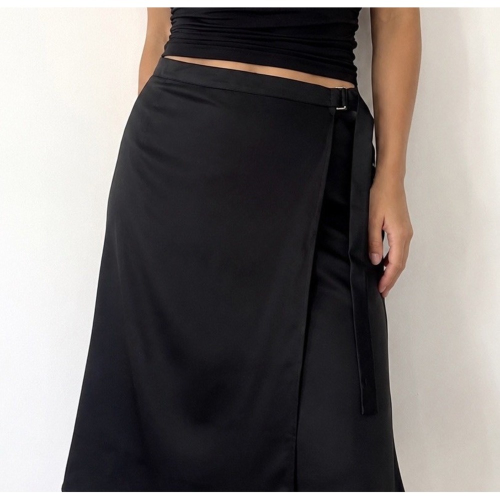 H&M Black Satin Wrap Midi Skirt 24 XS/S A-Line Minimalist Office Capsule Formal